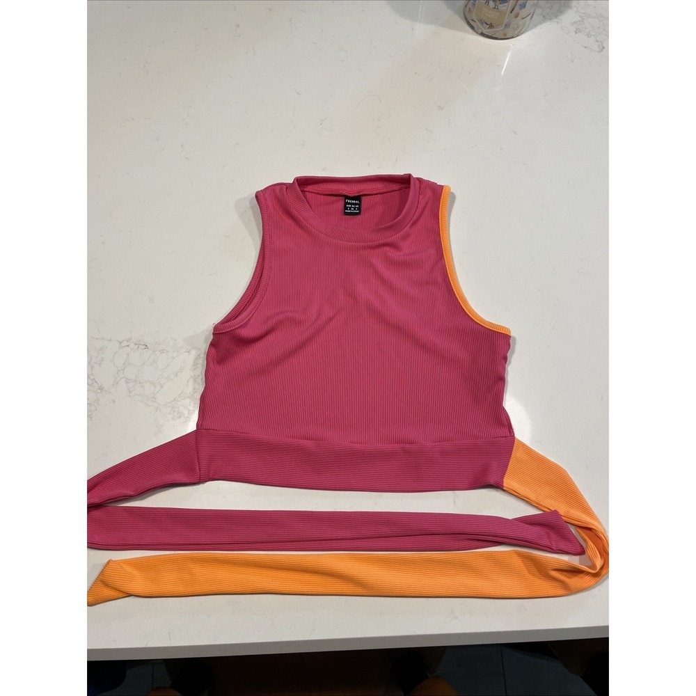 Fresral Ladies Yoga Top Size 4 Open Back Wrap Tie Fushia Tangerine Color Block
